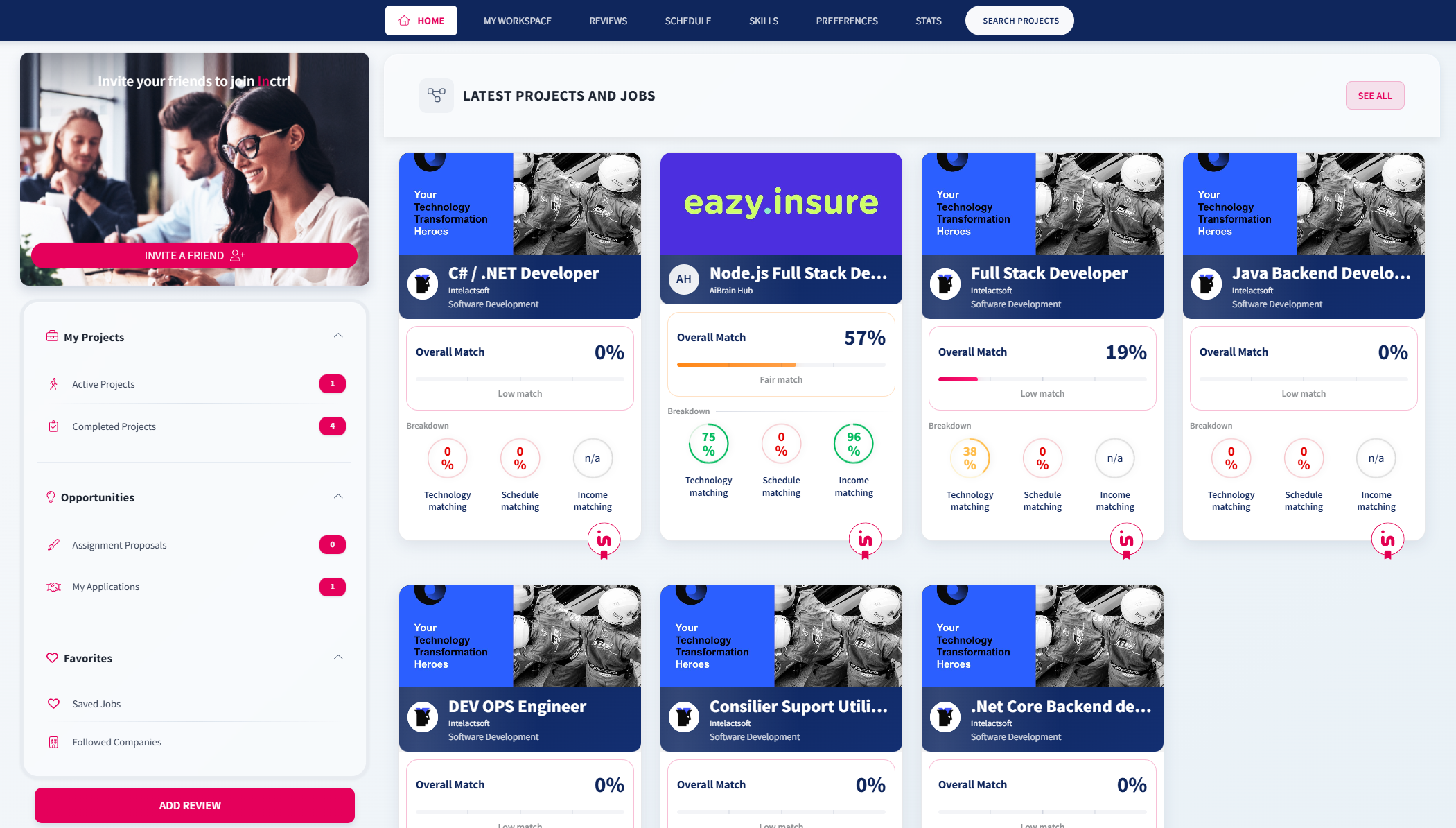 inctrl.ai Dashboard showing latest projects and jobs with match percentages